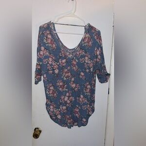 Floral V-Neck with cross cross Women Top - Blue and Pink